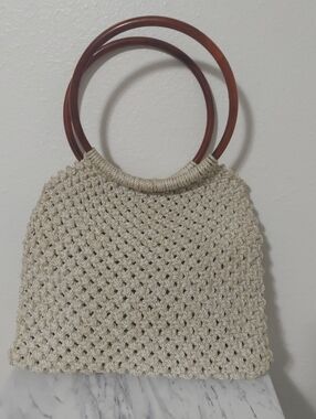 Womens Cream/Ivory Woven Boho Beach Bag With Plastic Circle Handles